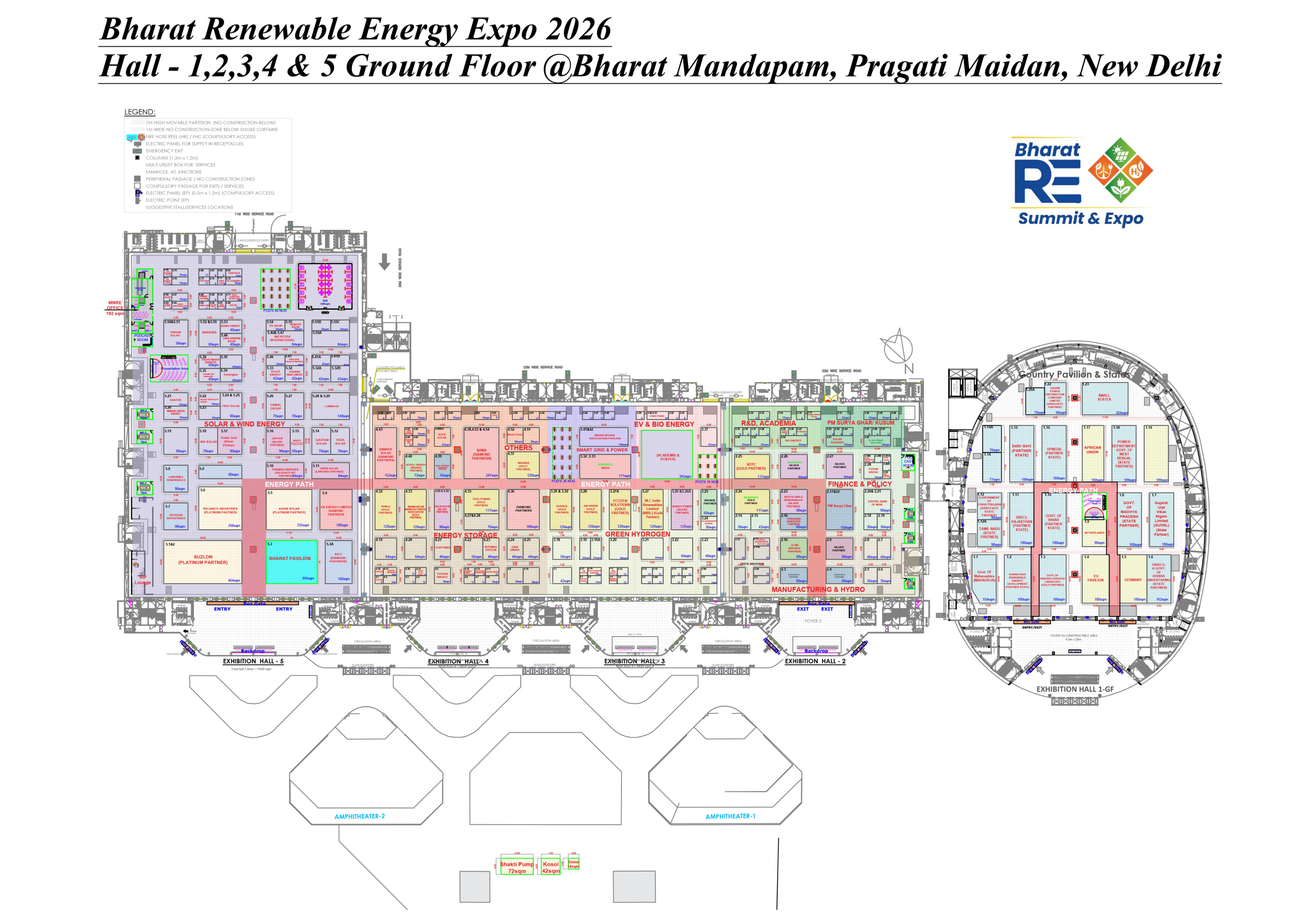BRE Summit & Expo 2026 floor plan: exhibition halls 1 to 5 on the ground floor at Bharat Mandapam, New Delhi, showing the solar and wind energy, energy storage, green hydrogen, smart grid and power, EVs and green mobility, manufacturing, R&D and academia, and finance and policy zones, with the country pavilion and states area.