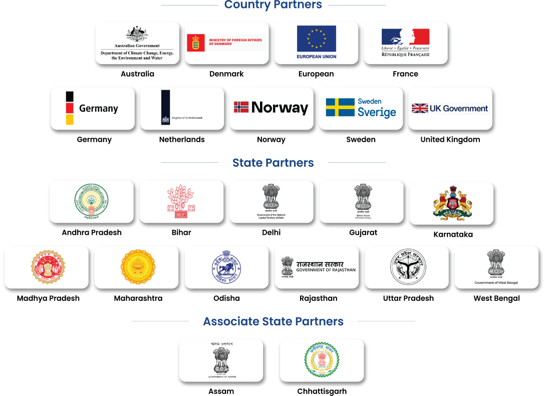 Country Partners: Australian Government, Ministry of Foreign Affairs of Denmark, European Union, France, Germany, Kingdom of the Netherlands, Norway and UK Government. State Partners: Assam, Andhra Pradesh, Bihar, Chhattisgarh, Delhi, Karnataka, Madhya Pradesh, Rajasthan and Uttar Pradesh.
